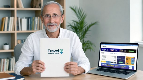 Андрей Мудрый показывает буклет Travel Advantage и сайт личного кабинета MWR Life на ноутбуке