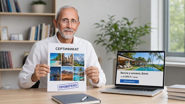 Андрей Мудрый показывает сертификат проверки MWR Life и сайт бронирования Travel Advantage на ноутбуке